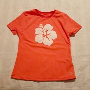 Lands End girls size 14 coral rash guard with flower applique